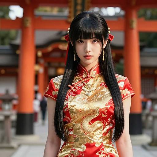 Asian woman with long black hair in red and gold traditional Chinese dress, standing in front of an orange torii gate. Photorealistic CGI.