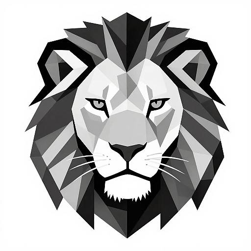 Geometric digital illustration of a lion's head in black, white, and gray triangular shapes, with intense, focused eyes and a bold mane.