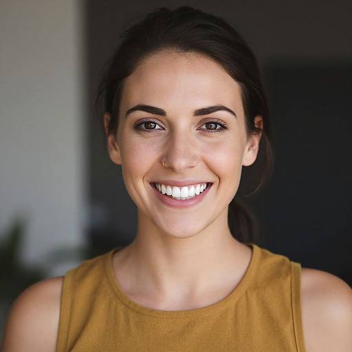 Photograph of a smiling woman with dark brown hair, fair skin, brown eyes, eyebrow piercing, and wearing a sleeveless mustard top.