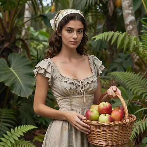 Photograph of a young woman with wavy brown hair, wearing a vintage-style, cream-colored dress and headscarf, holding a wicker basket