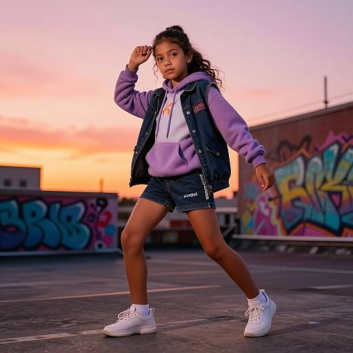 Photograph of a young Black girl with curly hair, wearing a purple hoodie, denim vest, shorts, and white sneakers, walking on a graffiti-covered