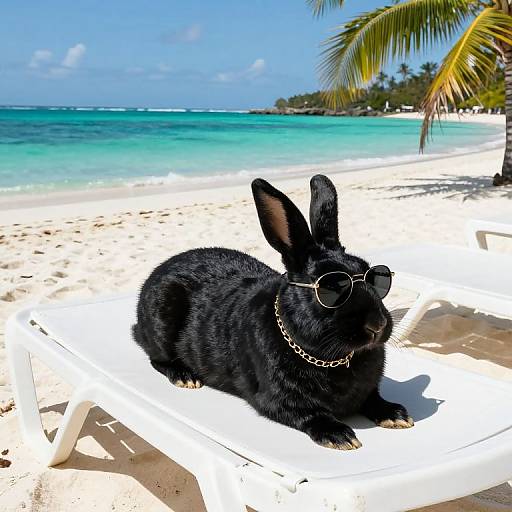 Photograph of a black rabbit wearing sunglasses and a chain collar, lounging on a white beach chair on a sunny tropical beach with turquoise water and palm
