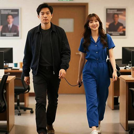 Casual Office Stroll with Leash