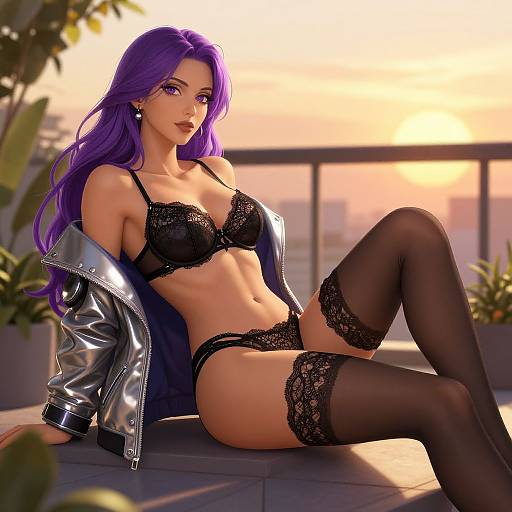 Digital artwork of a sexy woman with long purple hair, wearing black lace lingerie, thigh-high stockings, and a silver jacket, sitting on a balcony at