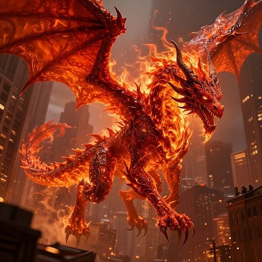 Digital illustration of a fiery red dragon with glowing eyes and sharp claws soaring through a burning cityscape, surrounded by flames and smoke.