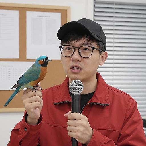 Young Man Speaking with Bird in Office