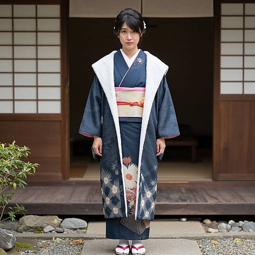 Photograph of a Japanese woman in a navy kimono with white trim and floral pattern, red obi, standing in front of a traditional wooden house