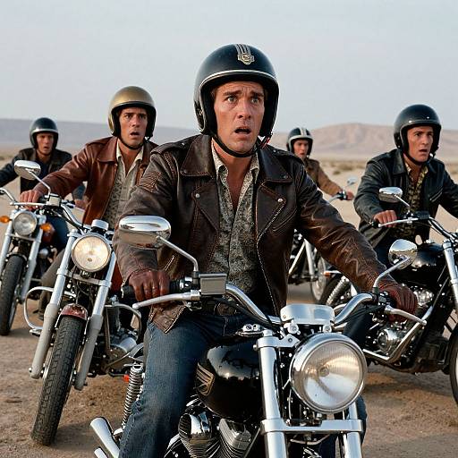 Photograph of four men in black helmets and leather jackets riding motorcycles in a desert, led by a focused, determined rider.