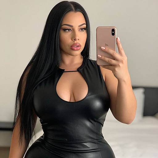 Photograph of a curvy woman with long black hair, wearing a black leather dress with a keyhole neckline, taking a mirror selfie with a rose