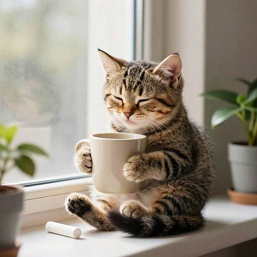 Photograph of a cute, tabby kitten with closed eyes, sitting on a windowsill, holding a white mug, bathed in sunlight.