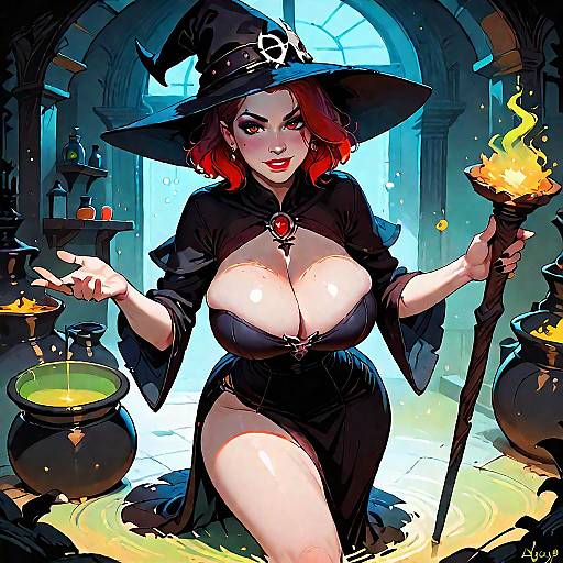 Digital illustration of a voluptuous, red-haired witch with large breasts, black dress, and hat, holding a burning torch in a dimly lit,