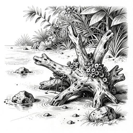 Monochrome Driftwood and Seaside Sketch