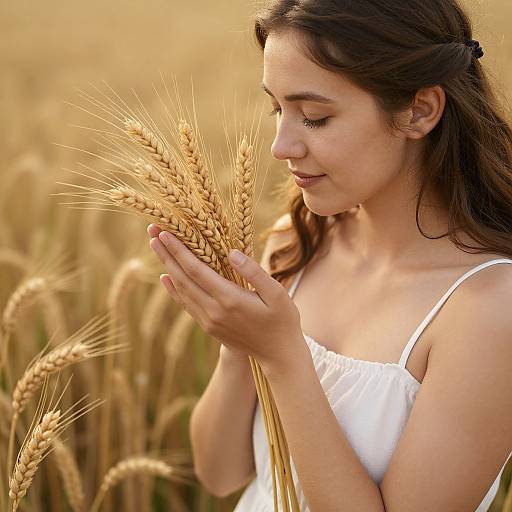 Photograph of a young woman with long brown hair, wearing a white sundress, gently holding a stalk of golden wheat in a sunlit field.