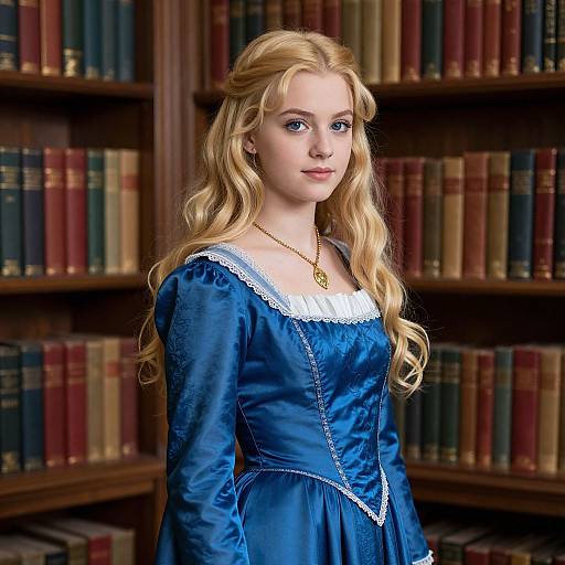 Photograph of a young blonde woman with long wavy hair, wearing a blue Renaissance-style dress with white lace, standing in a library with wooden shelves