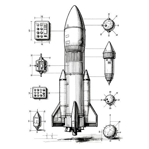Monochrome Detailed Space Rocket Blueprint