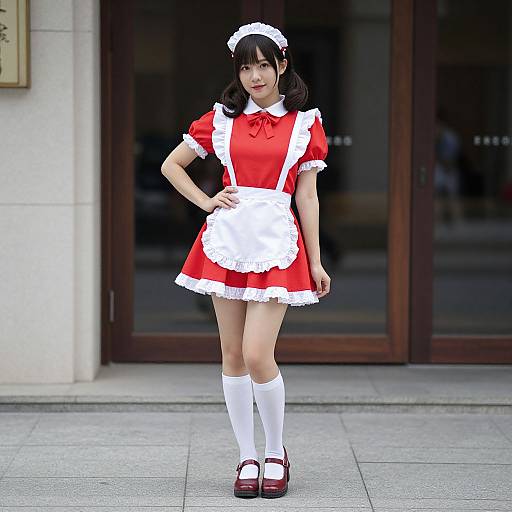Photograph of an Asian woman in a red and white French maid outfit, standing on a city sidewalk, with dark wooden doors and glass windows in the