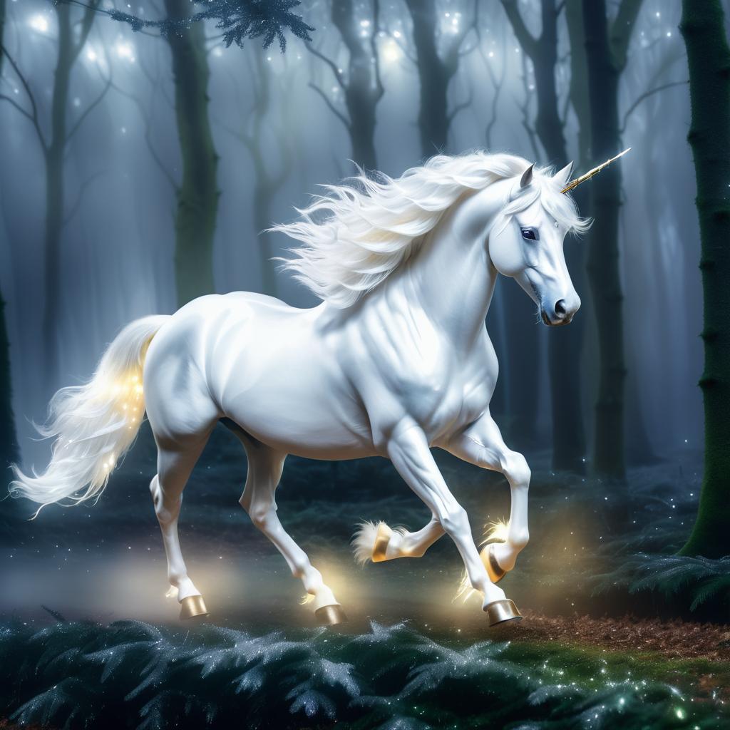 Magical Albino Unicorn in Misty Forest