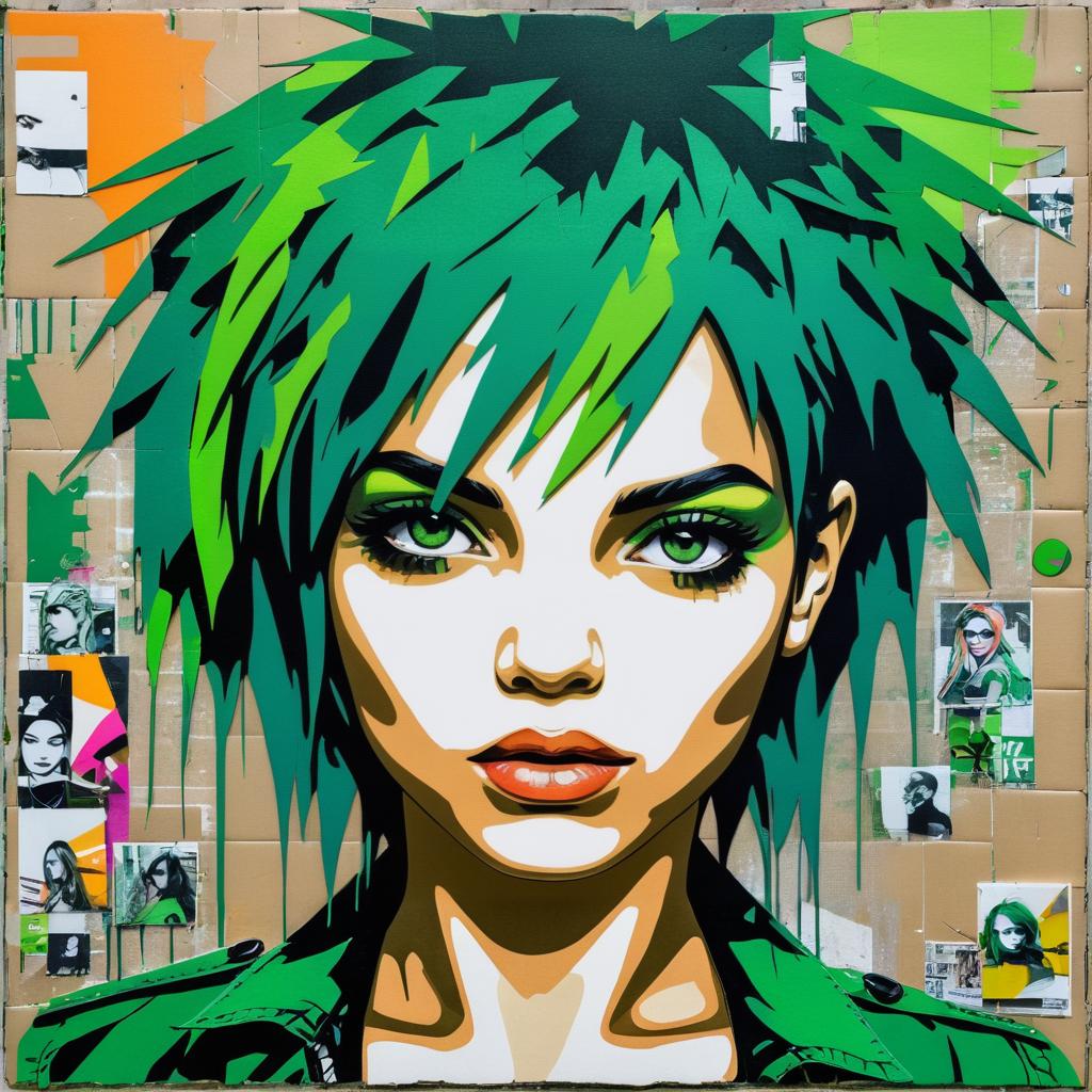 Edgy Street Art Collage of Green-Haired Girl