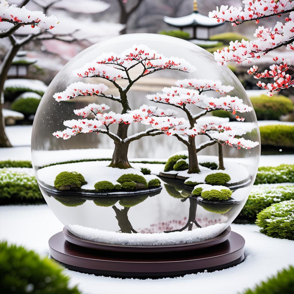 Serene Japanese Garden in Snow Globe