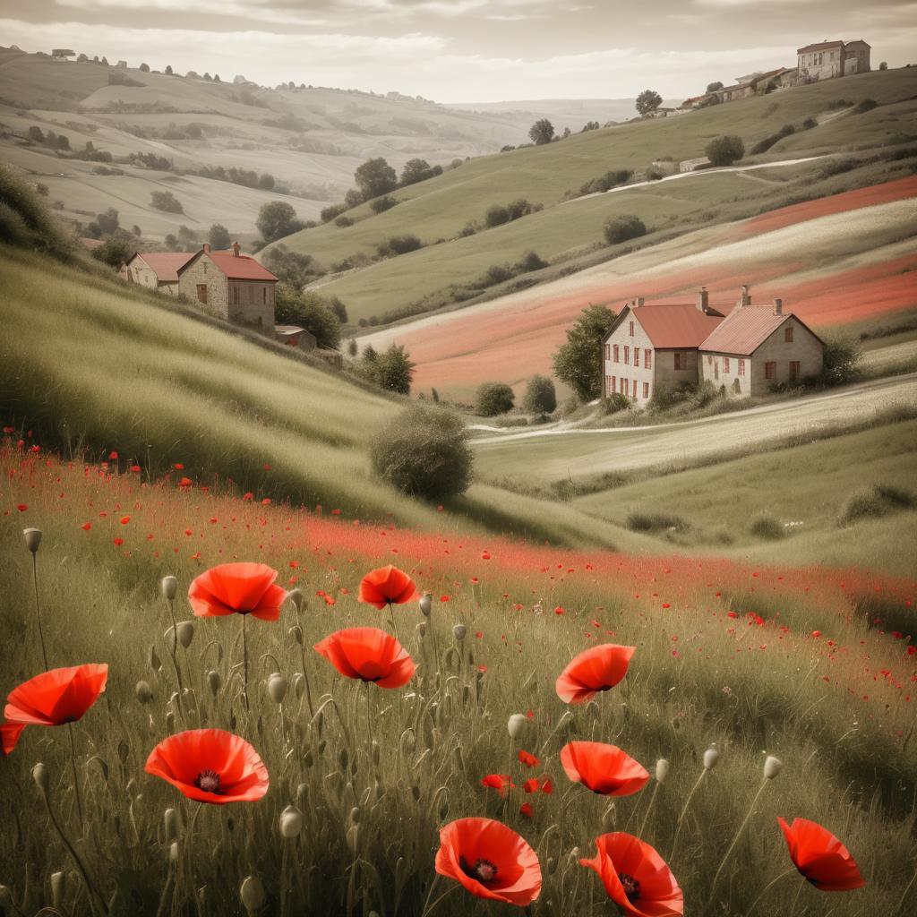 Vintage Landscape with Blooming Red Poppies