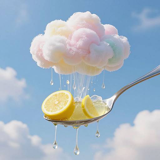 Photograph of a silver spoon with lemon slices, water droplets, and a whimsical pastel cloud above a bright blue sky.