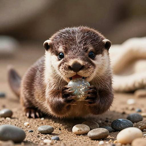 Photograph of an adorable, fluffy brown otter cub with black eyes, nibbling on a small, translucent pebble among scattered rocks on sandy ground