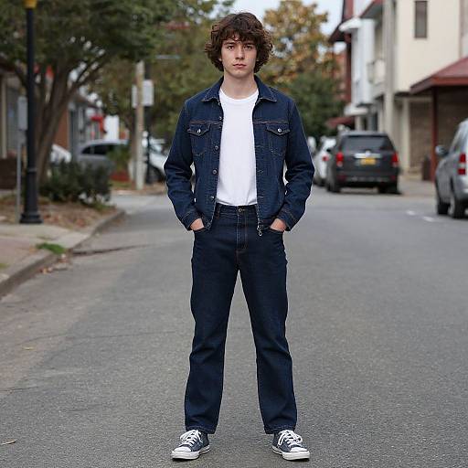 Young man with curly brown hair stands on a suburban street, wearing a dark denim jacket, white t-shirt, black pants, and black sneakers, hands