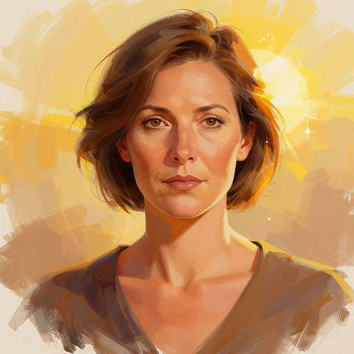 Digital portrait of a young woman with short brown hair, light skin, and brown eyes, wearing a dark V-neck top, against a vibrant yellow and