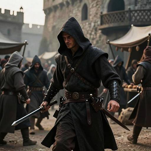 Photograph-style CGI: Medieval warrior with hooded cloak, leather armor, and sword, leading a group in a stone village market. Misty,