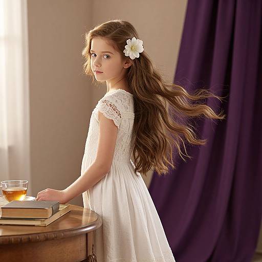 Photograph of a young girl with long, wavy brown hair, wearing a white lace dress, white flower hairpin, standing by a wooden table