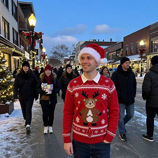 Photograph of a smiling man in a red reindeer sweater and Santa hat, walking on a snowy, festive street, surrounded by people in winter clothing