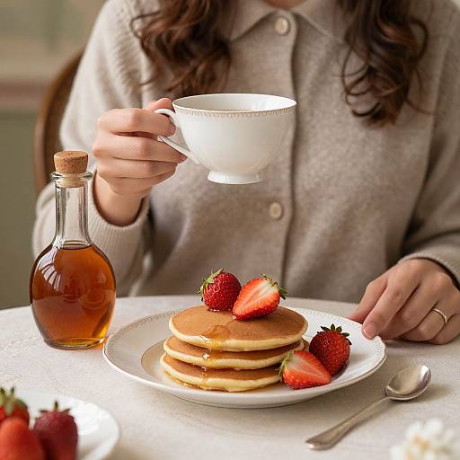 Photograph of a woman in a grey sweater, holding a white teacup, pouring honey over pancakes with strawberries, beside a bottle of honey and