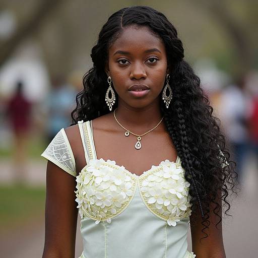 Photograph of a young African woman with long, curly black hair, wearing a white, floral-embellished dress, delicate earrings, and a