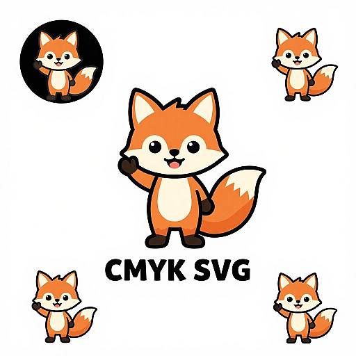 Cute digital illustration of five chibi-style orange foxes with white bellies and black noses, surrounded by 