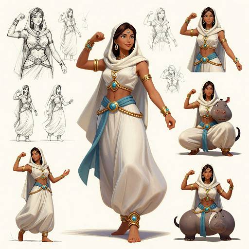 Digital character design: Dark-skinned woman in white harem outfit with blue sash, gold jewelry, and turquoise accents, in various dynamic poses.