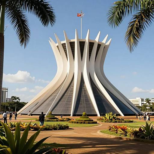 Photograph of a futuristic, white, wave-like building with sharp, angular spires, set against a bright blue sky, surrounded by palm trees and