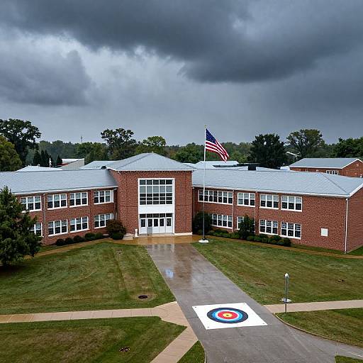 Photograph of a red-brick building with white-trimmed windows, American flag, and circular parking lot emblem, set against a cloudy sky and