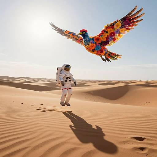 Photorealistic CGI of an astronaut in white suit standing in sunlit desert, shadowed, with colorful, mosaic-feathered bird flying overhead.