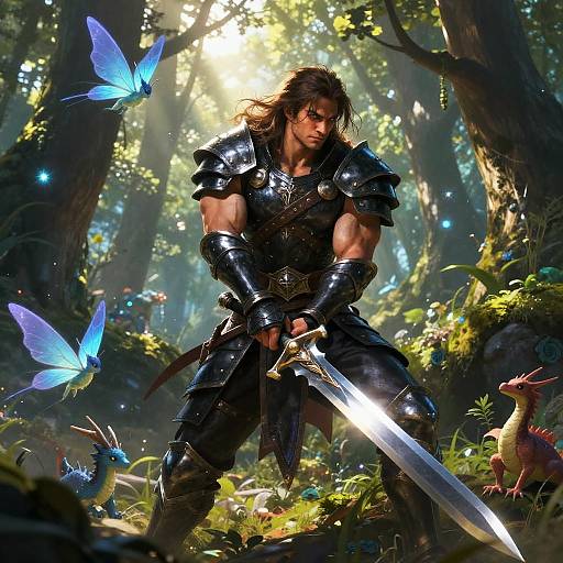 Digital fantasy art: Muscular warrior with long brown hair, black armor, and sword, surrounded by glowing blue butterflies in a sunlit forest.