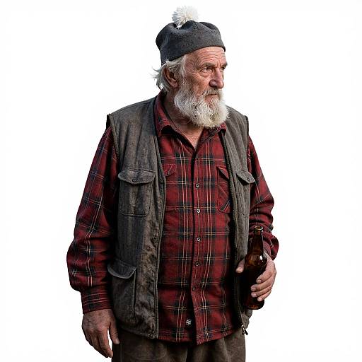 Photograph of an elderly white man with a white beard, wearing a gray cap, red plaid shirt, gray vest, holding a brown bottle,