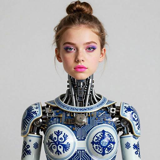 Photograph of a cybernetic woman with fair skin, pink lipstick, and brown hair in a bun. Her robotic chest and shoulders feature intricate blue