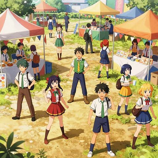 Anime-style digital illustration of a sunny outdoor festival with students in school uniforms, colorful tents, and various stalls, featuring bright, vibrant colors and lively,