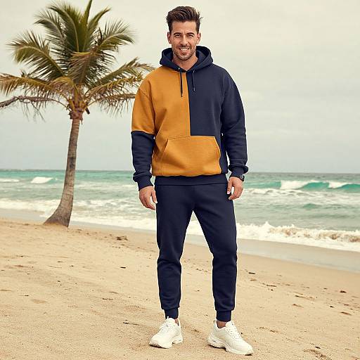 Photograph of a smiling man with dark hair in an orange-and-black hoodie, black pants, and white sneakers, standing on a beach with a palm