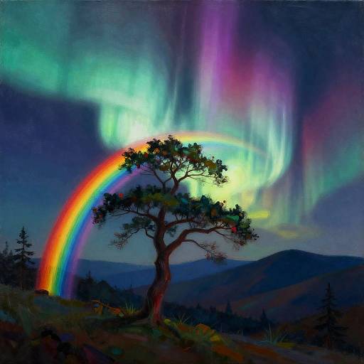 Auroral Rainbow Tree Over Abstract Mountains