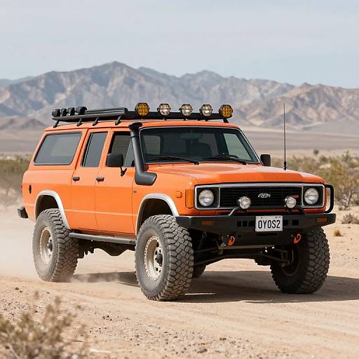 Photograph of an orange off-road SUV with large tires, roof lights, and license plate 