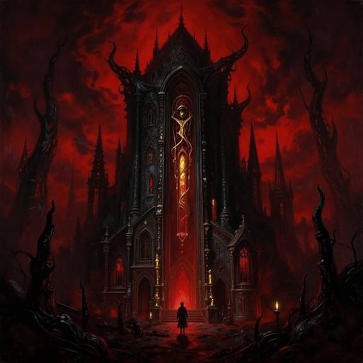 Digital artwork of a dark gothic cathedral with glowing red eyes and a figure silhouetted in front, surrounded by twisted black trees under a fiery