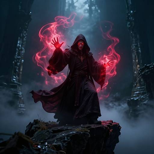 Digital artwork of a hooded, shadowy figure with glowing red eyes and hands, surrounded by fiery red energy, standing on a rocky platform in a