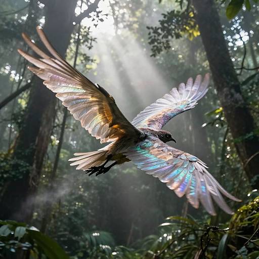 Photograph of a majestic bird with iridescent wings flying through a sunlit, misty forest, light beams filtering through dense trees.