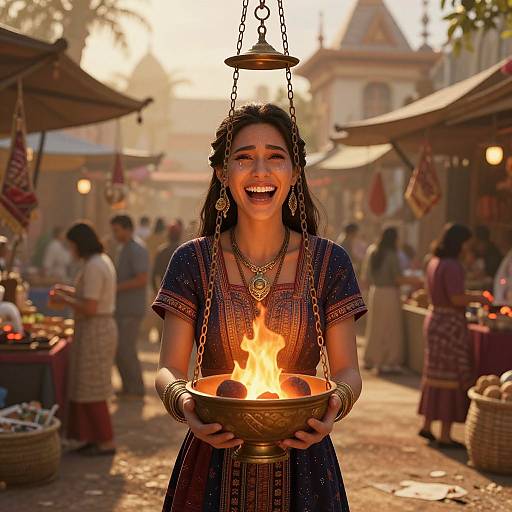 Photograph of a smiling Indian woman with dark hair, wearing traditional blue dress, holding a brass bowl with a burning flame, at a bustling outdoor market