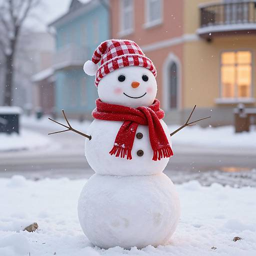 Photograph of a cheerful snowman with a red checkered hat and scarf, standing in a snowy street, with colorful houses in the blurred background.
